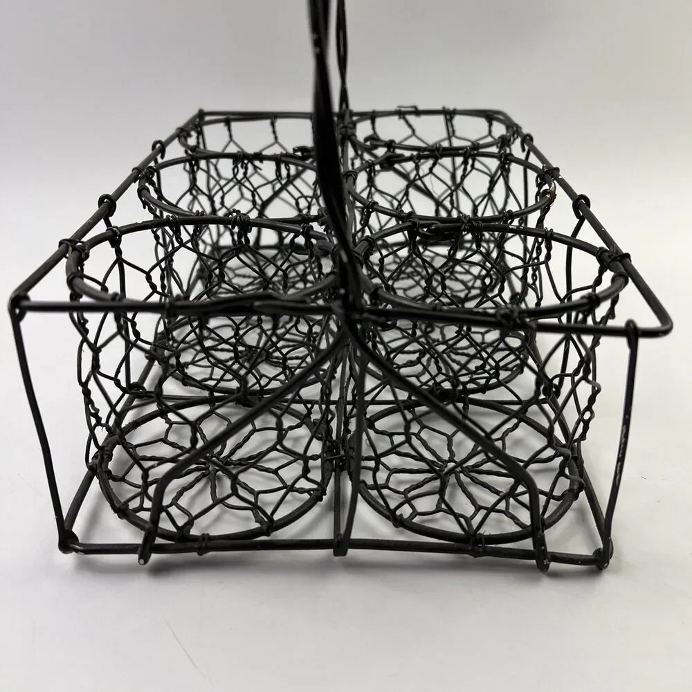 Vintage Primitive Wire Plant Herb Caddy 6 Holder Basket Twisted Galvanized Steel